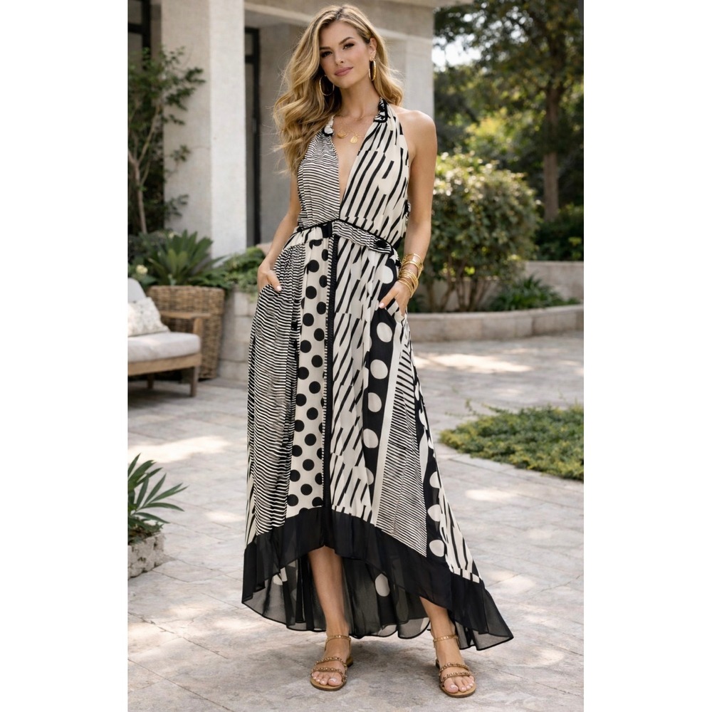 Anthropologie Maeve Halter Maxi Dress Dot Stripe High Low 4 Easter Modern Boho